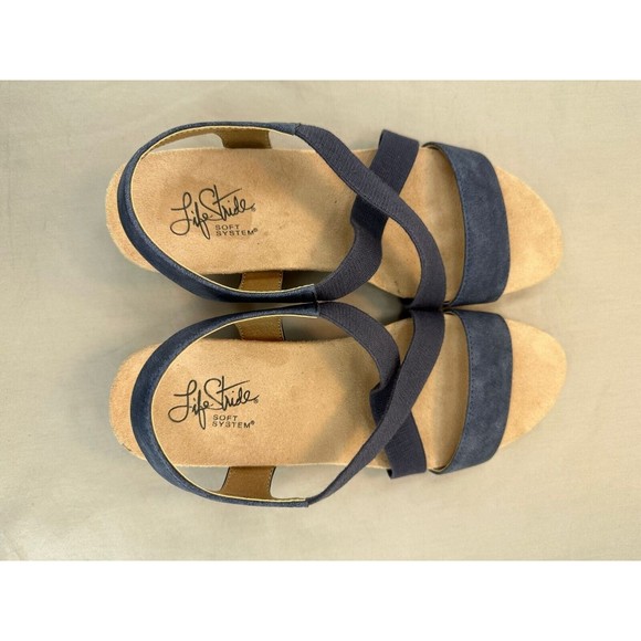 Life Stride Soft System Flex Blue Suede Strappy Sandals Cork Wedge Women's 8 W - Picture 6 of 13